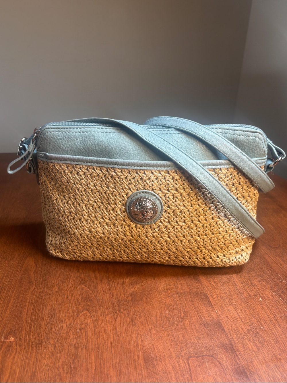 Bueno Straw Crossbody Bag with Light Blue Trim